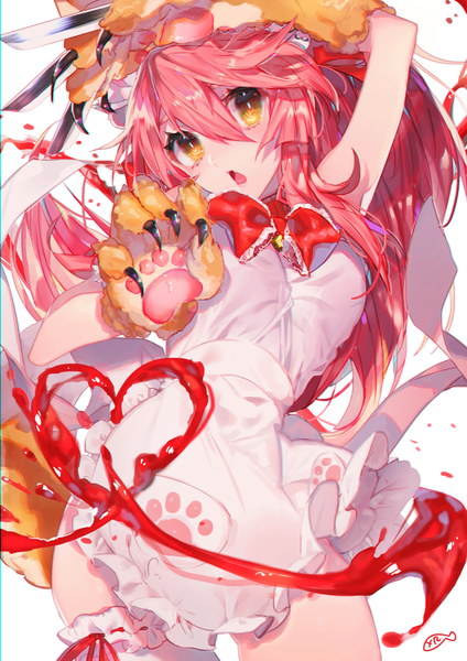 Anime picture 1000x1415 with fate (series) fate/grand order tamamo (fate) (all) tamamo cat (fate) yakusuke single long hair tall image fringe open mouth light erotic hair between eyes white background yellow eyes pink hair arm up heart of string girl gloves weapon