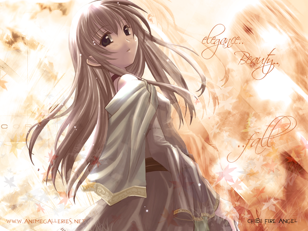 Anime picture 1024x768 with club maniax naruse chisato long hair looking at viewer blonde hair looking back inscription grey eyes autumn girl