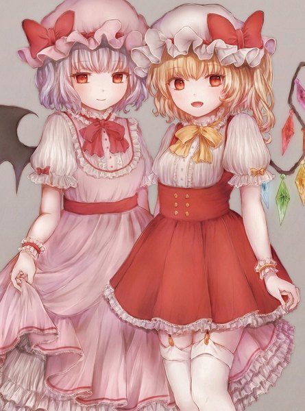 Anime picture 1177x1588 with touhou flandre scarlet remilia scarlet bebitera tall image looking at viewer short hair open mouth simple background blonde hair smile red eyes multiple girls blue hair :d grey background short sleeves fang (fangs) puffy sleeves one side up