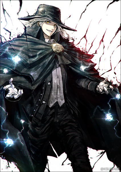 Anime picture 629x888 with fate (series) fate/grand order edmond dantes (fate/grand order) kei-suwabe single tall image looking at viewer fringe short hair simple background standing white background yellow eyes silver hair parted lips light smile shaded face electricity boy gloves