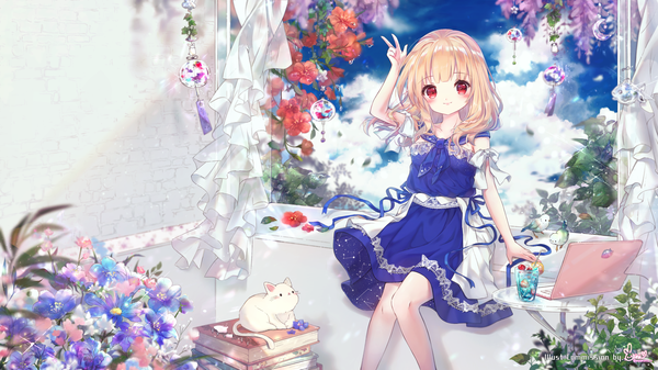 Anime picture 3414x1920 with original mini single long hair looking at viewer blush fringe highres blonde hair smile red eyes wide image sitting signed absurdres sky cloud (clouds) bent knee (knees) indoors arm up