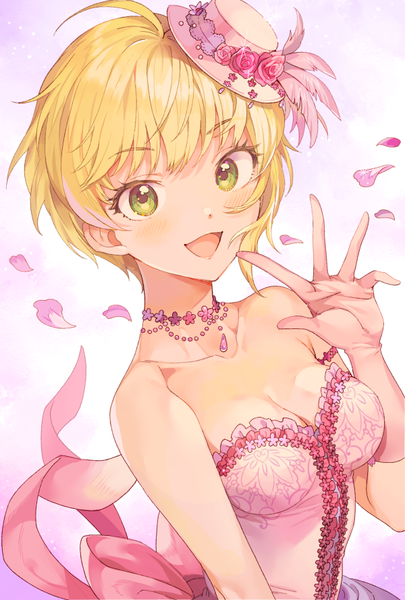Anime picture 600x888 with idolmaster idolmaster cinderella girls idolmaster cinderella girls starlight stage miyamoto frederica inzup single tall image looking at viewer blush short hair breasts open mouth blonde hair green eyes cleavage upper body ahoge wind lumiere etoile girl