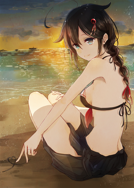 Anime picture 796x1114 with kantai collection shigure destroyer kazuhito (1245ss) single long hair tall image fringe breasts blue eyes light erotic hair between eyes brown hair sitting sky ahoge braid (braids) light smile beach single braid sand