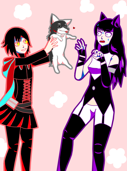 Anime picture 2481x3335 with rwby rooster teeth ruby rose blake belladonna zwei (rwby) fenno7 long hair tall image fringe highres short hair open mouth black hair simple background smile standing multiple girls holding animal ears long sleeves