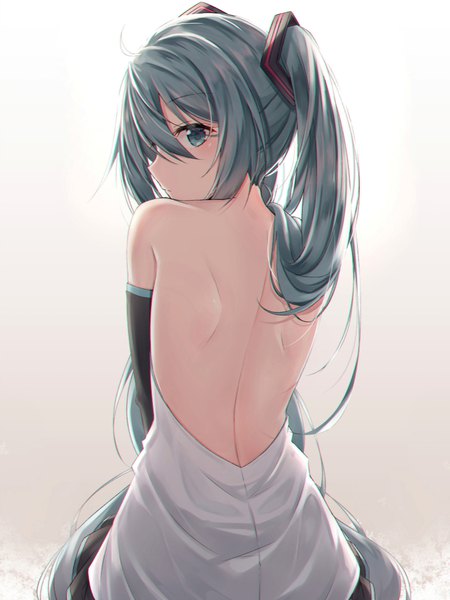 Anime picture 800x1067 with vocaloid hatsune miku akira (been0328) single long hair tall image looking at viewer blush fringe simple background hair between eyes twintails bare shoulders payot ahoge profile pleated skirt looking back aqua eyes from behind