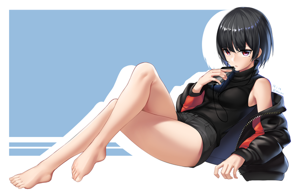 Anime picture 3509x2265 with original star741 single looking at viewer fringe highres short hair breasts light erotic black hair simple background hair between eyes red eyes holding signed absurdres full body bent knee (knees) barefoot off shoulder