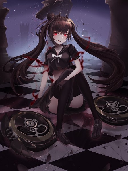 Anime picture 3000x4000 with girls frontline ouroboros (girls frontline) foka (beginner) single long hair tall image looking at viewer blush fringe highres breasts open mouth light erotic black hair smile hair between eyes red eyes sitting twintails payot