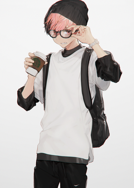Anime picture 1870x2621 with original starbucks hirota tsuu single tall image looking at viewer fringe highres short hair simple background hair between eyes holding pink hair pink eyes grey background clenched teeth adjusting glasses boy glasses clock
