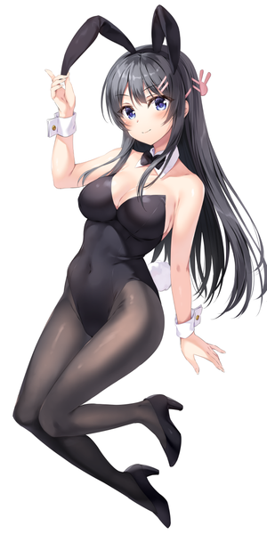 Anime picture 638x1273 with seishun buta yarou cloverworks sakurajima mai oryou single long hair tall image looking at viewer blush fringe breasts blue eyes light erotic black hair simple background large breasts white background bare shoulders animal ears cleavage