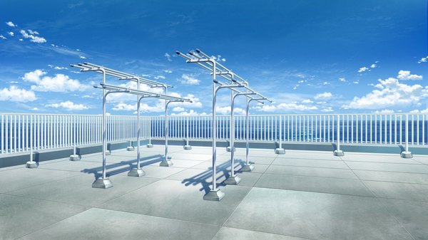 Anime picture 2560x1440 with grisaia no kajitsu highres wide image game cg sky cloud (clouds) landscape sea fence roof