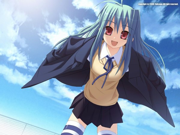 Anime picture 1024x768 with ninozen long hair looking at viewer open mouth red eyes blue hair sky ahoge inscription girl thighhighs uniform school uniform striped thighhighs talisman