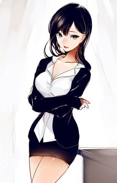 Anime picture 573x896 with original lpip single long hair tall image looking at viewer fringe breasts black hair standing yellow eyes crossed arms girl skirt miniskirt shirt white shirt