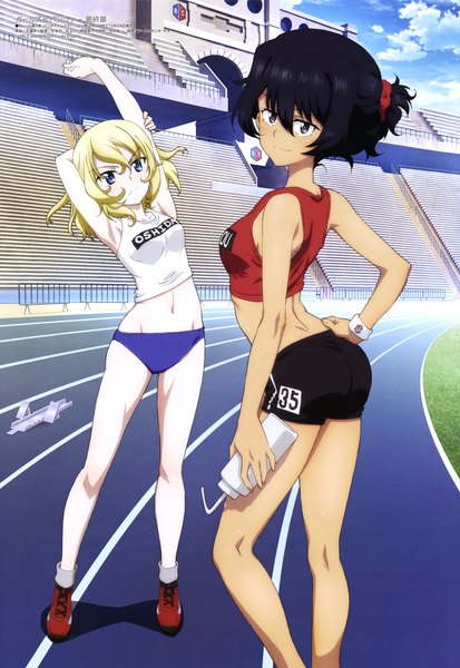 Anime picture 4085x5932 with girls und panzer megami magazine oshida (girls und panzer) andou (girls und panzer) wang guo nian tall image looking at viewer fringe highres short hair breasts blue eyes light erotic black hair blonde hair smile hair between eyes standing multiple girls holding