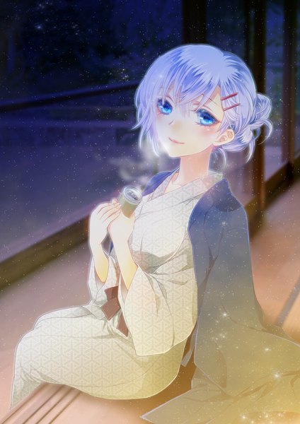 Anime picture 868x1227 with uehara (artist) single tall image looking at viewer blush short hair blue eyes sitting blue hair snowing winter snow exhalation girl hair ornament hairclip drink