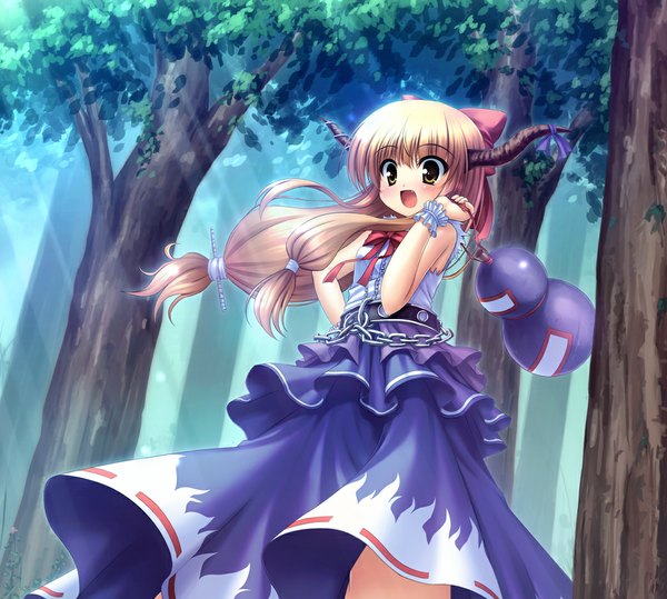 Anime picture 1045x940 with touhou ibuki suika takeponi blush open mouth blonde hair yellow eyes horn (horns) teeth fang (fangs) girl bow ribbon (ribbons) plant (plants) hair bow tree (trees) chain forest alcohol sake