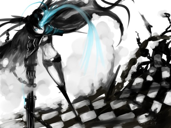 Anime picture 2400x1800 with black rock shooter black rock shooter (character) single long hair highres blue eyes black hair twintails aqua eyes legs glowing glowing eye (eyes) checkered floor girl weapon shorts chain bikini top huge weapon