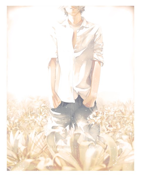 Anime picture 951x1188 with original re (artist) single tall image short hair standing silver hair short sleeves watermark border light head out of frame hands in pockets backlighting denim boy flower (flowers) shirt white shirt jeans