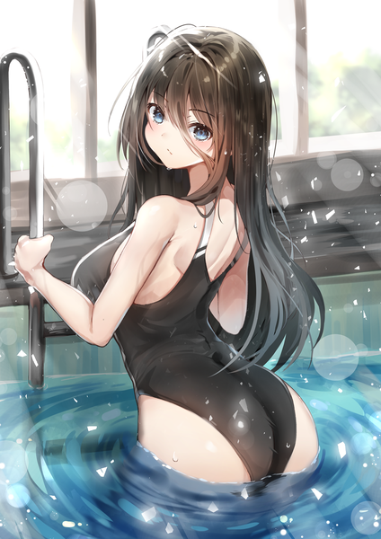 Anime picture 1130x1600 with original hiromaster sinta jh single long hair tall image looking at viewer blush fringe breasts blue eyes light erotic hair between eyes brown hair large breasts standing holding ass indoors looking back from behind