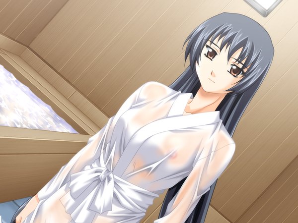 Anime picture 1200x900 with x-change (game) long hair light erotic black hair brown eyes game cg nipples girl
