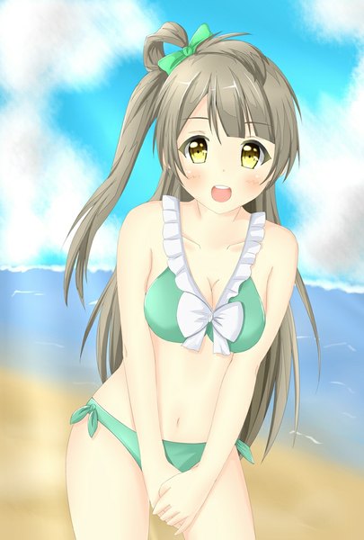 Anime picture 675x1000 with love live! school idol project sunrise (studio) love live! minami kotori tear yu single long hair tall image looking at viewer blush fringe breasts open mouth smile yellow eyes sky cloud (clouds) grey hair one side up girl