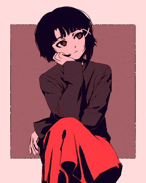 Anime picture 864x1080 with serial experiments lain iwakura lain moshimoshibe single tall image fringe short hair black hair simple background red eyes sitting looking away blunt bangs long sleeves border outside border expressionless head rest girl skirt