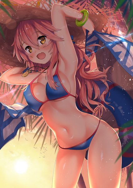 Anime picture 1084x1528 with fate (series) fate/grand order tamamo (fate) (all) tamamo no mae (swimsuit lancer) (fate) kawai (purplrpouni) single long hair tall image looking at viewer blush fringe breasts open mouth light erotic hair between eyes large breasts standing yellow eyes pink hair sky