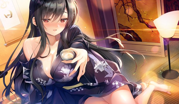 Anime picture 2010x1170 with study steady omaezaki yuu emily (pure dream) single long hair looking at viewer blush fringe highres breasts open mouth light erotic black hair hair between eyes red eyes wide image large breasts sitting holding game cg