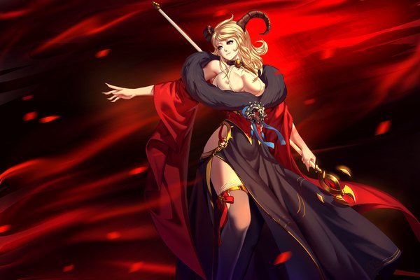 Anime picture 3000x2000 with original finx single long hair fringe highres breasts light erotic simple background blonde hair large breasts standing bare shoulders holding brown eyes looking away cleavage horn (horns) fingernails off shoulder