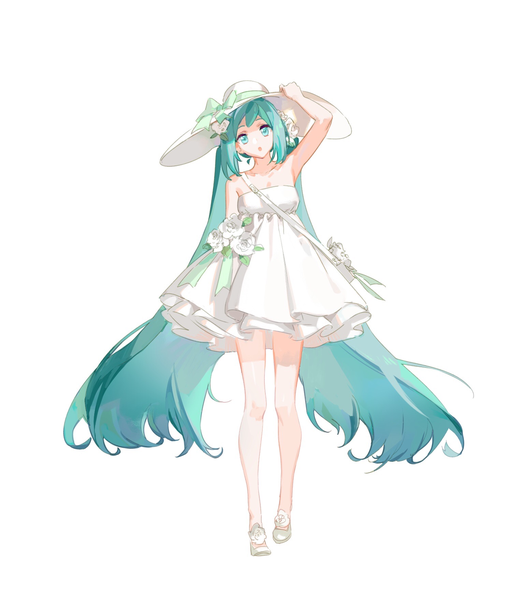 Anime picture 1530x1758 with vocaloid hatsune miku yyb single tall image looking at viewer fringe open mouth simple background standing white background twintails payot full body very long hair head tilt arm up hair flower aqua eyes aqua hair