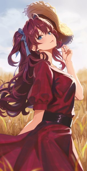 Anime picture 3169x6206 with idolmaster idolmaster cinderella girls ichinose shiki qingli ye single long hair tall image looking at viewer fringe highres blue eyes smile brown hair standing holding absurdres sky ahoge outdoors arm up