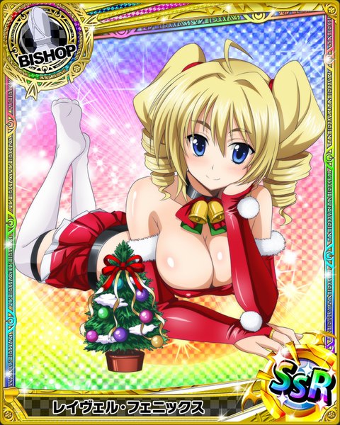 Anime picture 640x800 with highschool dxd ravel phenex single long hair tall image looking at viewer blush breasts blue eyes light erotic blonde hair twintails cleavage drill hair christmas card (medium) girl thighhighs skirt detached sleeves