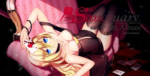 Anime-Bild 1200x610 mit vocaloid lily (vocaloid) yuuki kira single long hair looking at viewer fringe breasts blue eyes light erotic blonde hair smile hair between eyes wide image bare shoulders holding signed payot lying sparkle