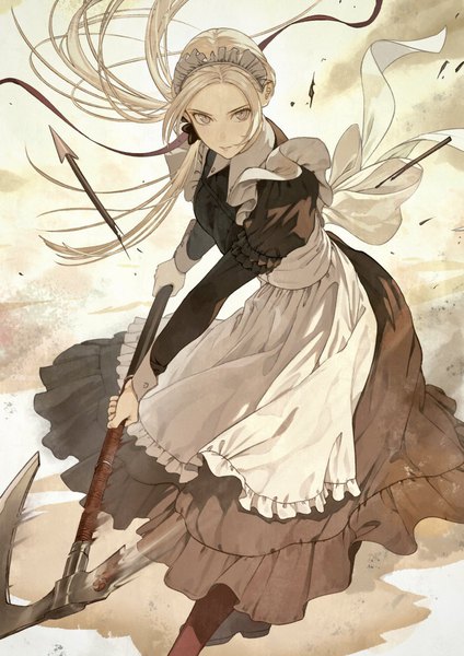 Anime picture 827x1169 with fire emblem fire emblem: three houses nintendo edelgard von hresvelg mueririko single long hair tall image looking at viewer purple eyes holding silver hair long sleeves maid floating hair fighting stance girl dress uniform weapon