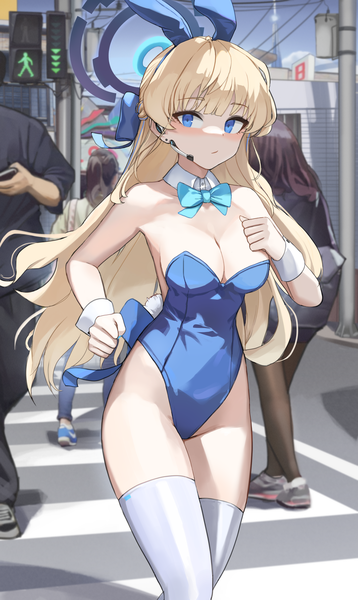 Anime-Bild 2419x4050 mit blue archive toki (blue archive) toki (bunny) (blue archive) dolri long hair tall image fringe highres breasts blue eyes light erotic blonde hair large breasts bare shoulders animal ears looking away cleavage blunt bangs bunny ears official alternate costume