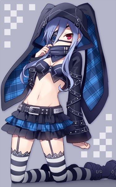 Anime-Bild 500x800 mit fairy fencer f ethel (fairy fencer f) hijiri (resetter) single long hair tall image looking at viewer fringe breasts light erotic black hair hair between eyes red eyes long sleeves bare belly kneeling plaid animal hood 2017 girl