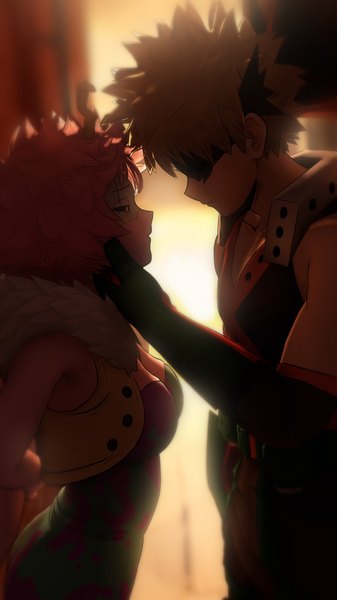 Anime picture 1080x1920 with boku no hero academia studio bones bakugou katsuki ashido mina greatm8 tall image short hair breasts blonde hair yellow eyes pink hair cleavage sunlight shadow couple hands behind back face to face spiked hair hand on another's face black sclera