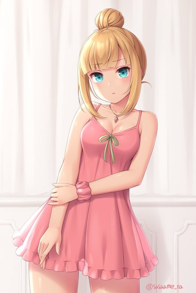 Anime picture 750x1120 with original sasaame single tall image looking at viewer blush fringe short hair breasts blue eyes blonde hair standing bare shoulders signed payot cleavage indoors blunt bangs hair bun (hair buns) sleeveless