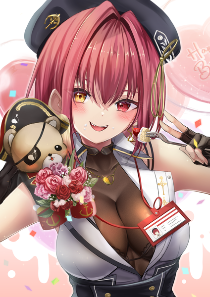 Anime-Bild 1448x2048 mit virtual youtuber hololive houshou marine houshou marine (6th costume) mikazuki cocolo single tall image looking at viewer blush fringe short hair breasts open mouth light erotic smile hair between eyes red eyes large breasts bare shoulders holding