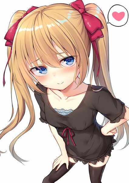 Anime picture 1062x1500 with original alexmaster single long hair tall image looking at viewer blush blue eyes simple background blonde hair smile white background twintails hand on hip girl thighhighs dress ribbon (ribbons) bow black thighhighs