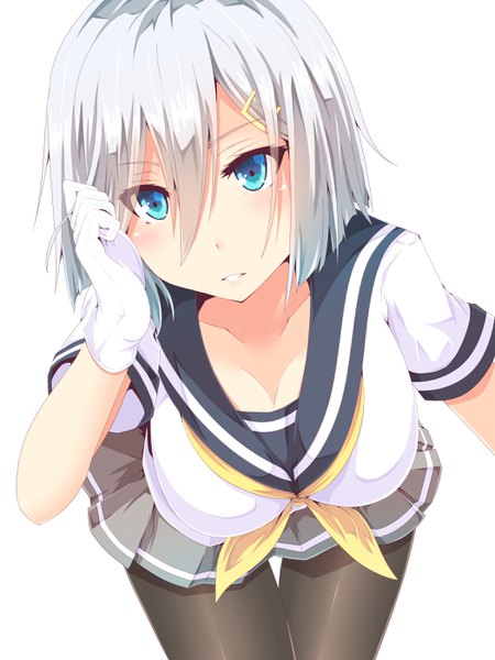 Anime picture 2100x2800 with kantai collection hamakaze destroyer twinameless single tall image looking at viewer blush fringe highres short hair breasts blue eyes light erotic hair between eyes cleavage silver hair parted lips pleated skirt thigh gap girl