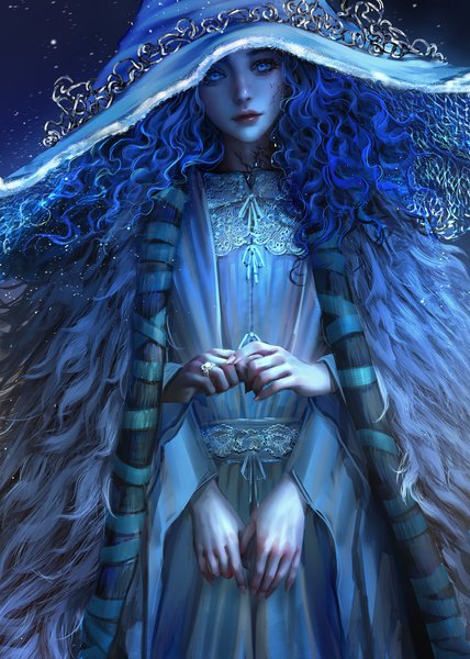 Anime picture 4277x6000 with elden ring ranni the witch nixeu single long hair tall image looking at viewer highres blue eyes standing blue hair absurdres long sleeves head tilt fingernails lips realistic wide sleeves curly hair extra arms