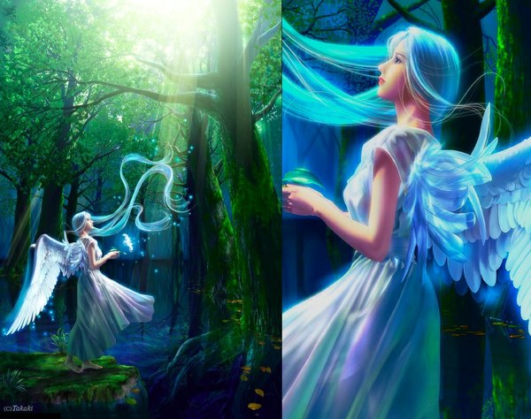 Anime-Bild 1024x809 mit original takashi mare long hair blue eyes blue hair lips sunlight multiview girl dress flower (flowers) plant (plants) wings tree (trees) feather (feathers) grass