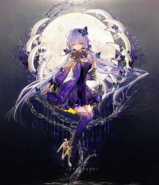 Anime picture 1034x1200 with vocaloid xingchen bai qi-qsr single long hair tall image fringe breasts bare shoulders payot purple hair full body ahoge bent knee (knees) eyes closed long sleeves inscription grey background wide sleeves armpit (armpits)