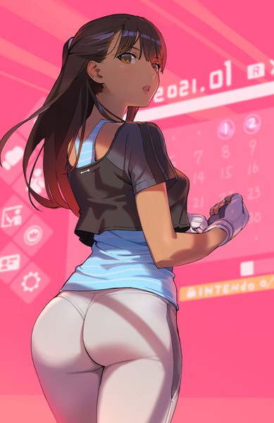 Anime picture 2430x3745 with original tetsuo (amenohutikoma) single long hair tall image looking at viewer blush fringe highres breasts open mouth light erotic hair between eyes brown hair standing brown eyes ass looking back from behind dark skin