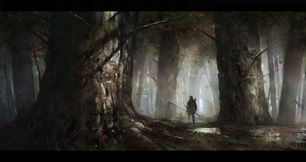 Anime picture 1200x636 with original seafh (artist) wide image from behind letterboxed scenic boy flower (flowers) weapon plant (plants) petals tree (trees) water forest bow (weapon)