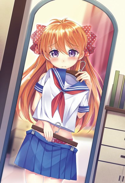 Anime picture 800x1163 with gekkan shoujo nozaki-kun doga kobo sakura chiyo bison cangshu single long hair tall image looking at viewer blush blue eyes light erotic orange hair pantyshot girl uniform underwear panties bow hair bow serafuku