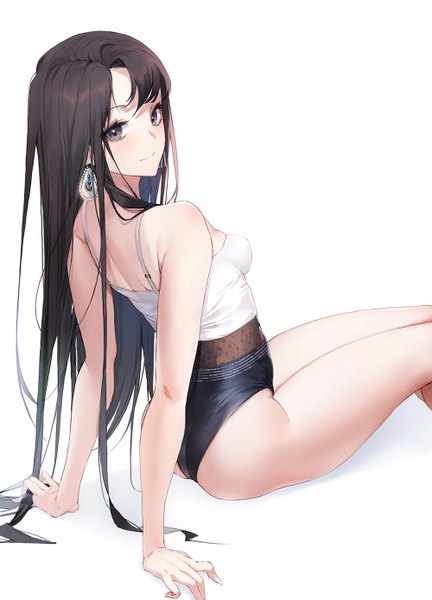 Anime picture 1000x1388 with original emyo single long hair tall image looking at viewer blush fringe breasts light erotic black hair simple background smile white background sitting bare shoulders ass looking back arm support grey eyes