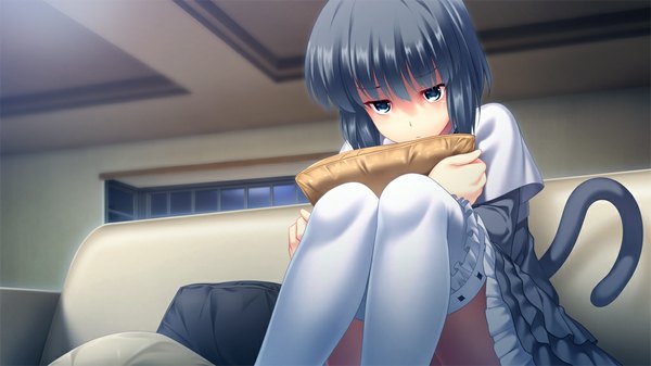 Anime picture 1024x576 with d-eve in you takeoka minami short hair blue eyes black hair wide image game cg girl thighhighs dress white thighhighs pillow couch