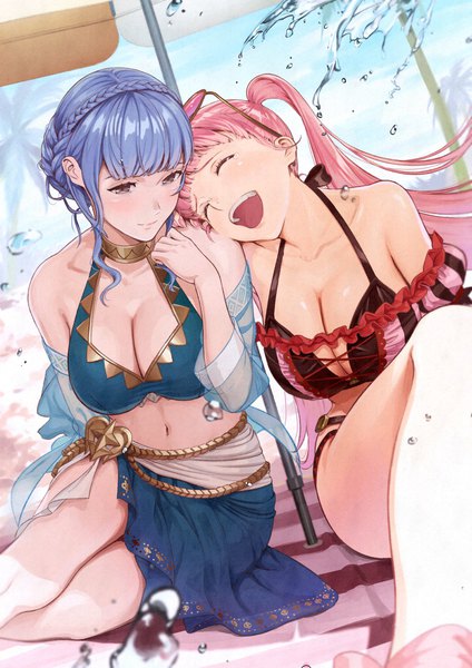 Anime picture 1191x1684 with fire emblem fire emblem: three houses fire emblem heroes nintendo hilda valentine goneril marianne von edmund mueririko long hair tall image blush fringe breasts open mouth light erotic smile large breasts sitting twintails multiple girls brown eyes