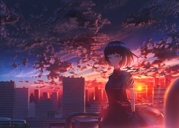 Anime picture 2800x2000 with original kenzo 093 single looking at viewer fringe highres short hair black hair standing holding sky cloud (clouds) outdoors blunt bangs city evening sunset cityscape silver eyes girl